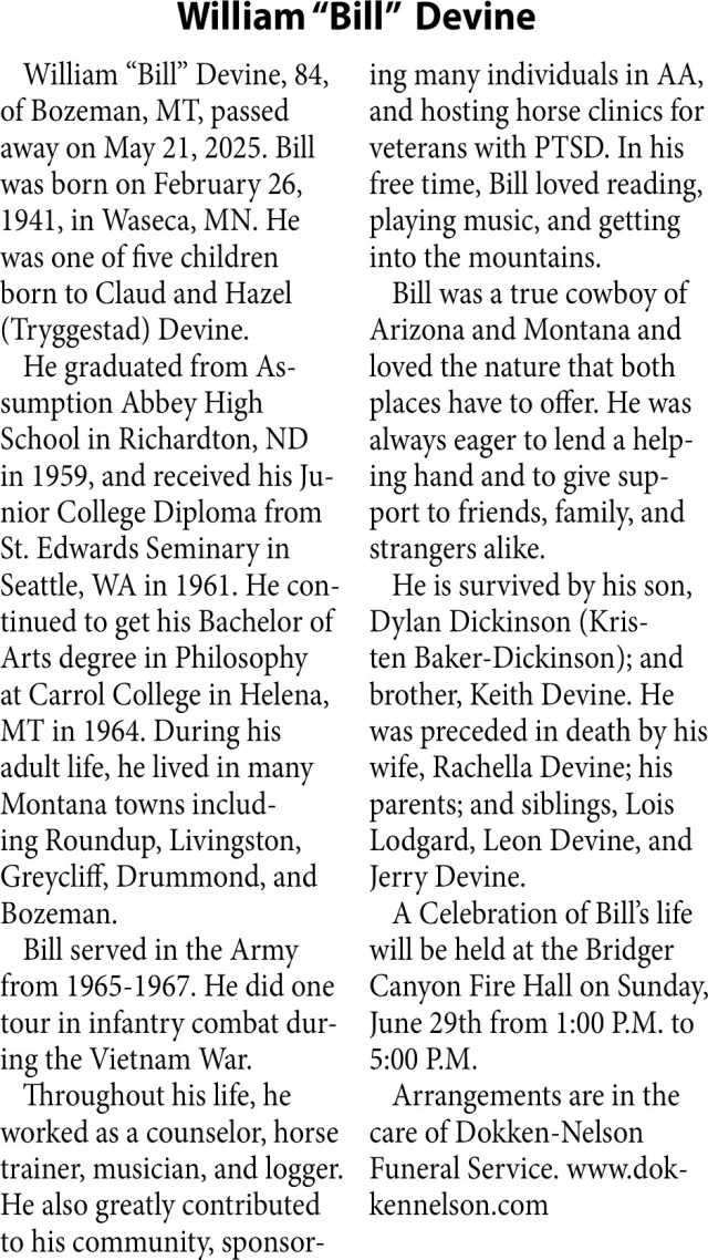 William Devine, Obituaries, Glendive, MT