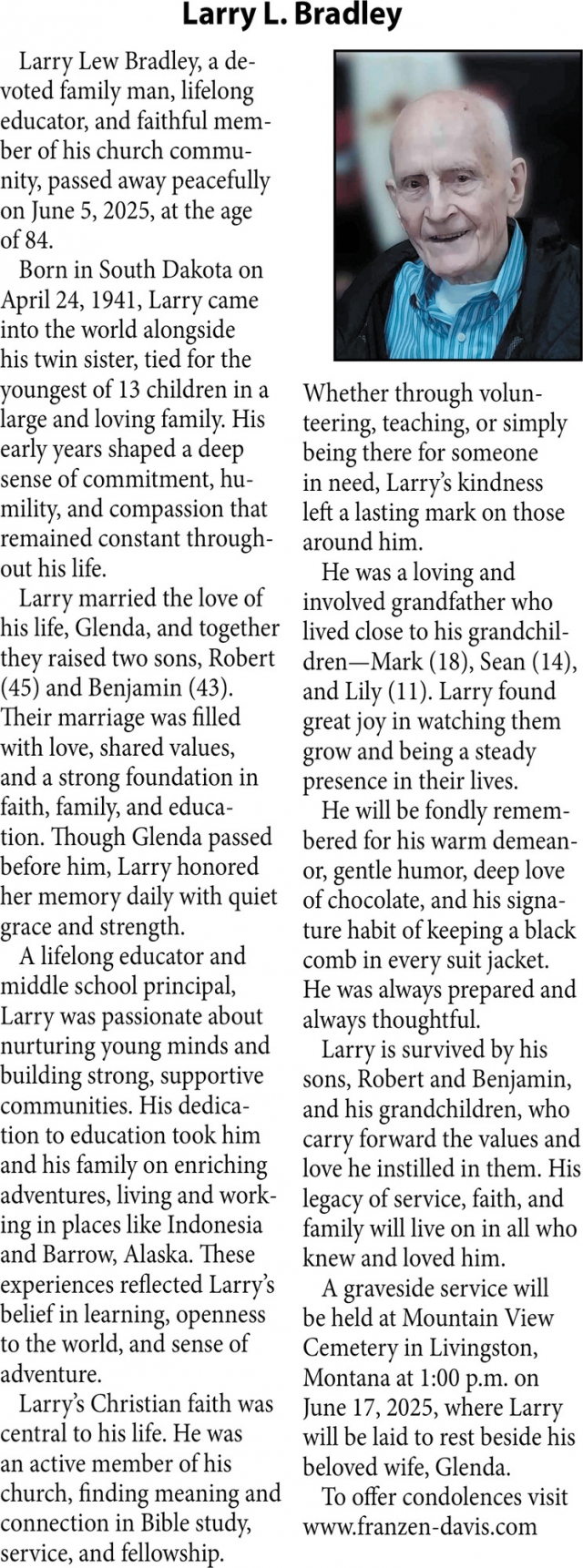 Larry L. Bradley, Obituaries, Glendive, MT