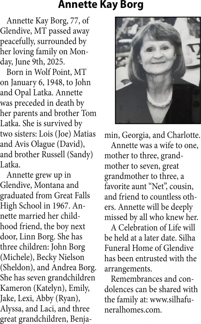 Annette Kay Borg, Obituaries, Glendive, MT