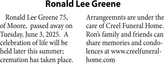 Ronald Lee Greene, Obituaries, Glendive, MT