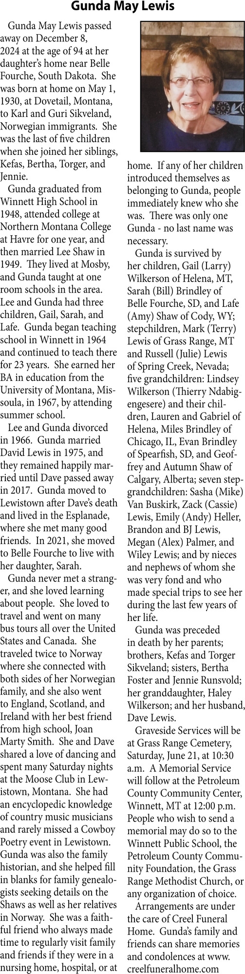 Gunda May Lewis, Obituaries, Glendive, MT