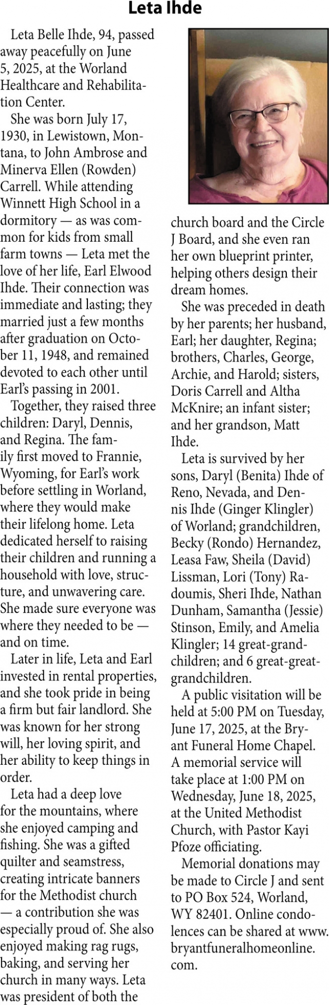 Leta Ihde, Obituaries, Glendive, MT
