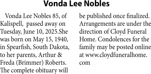 Vonda Lee Nobles, Obituaries, Glendive, MT
