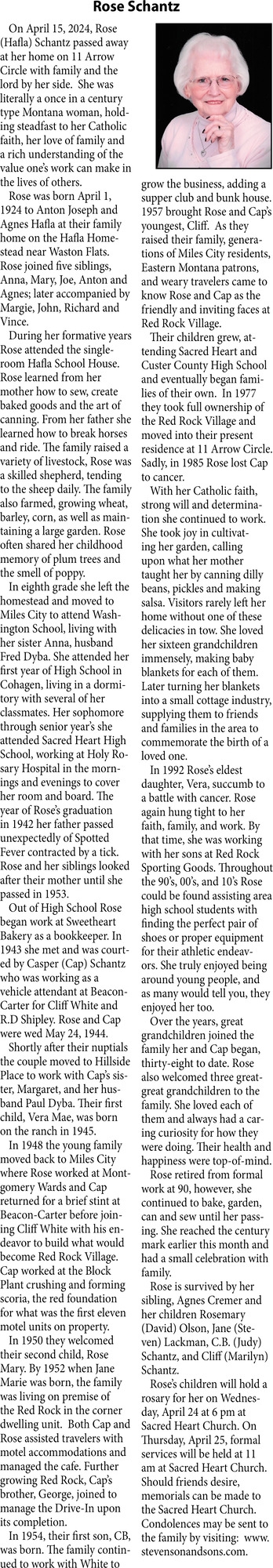 Rose Schantz, Obituaries, Glendive, MT