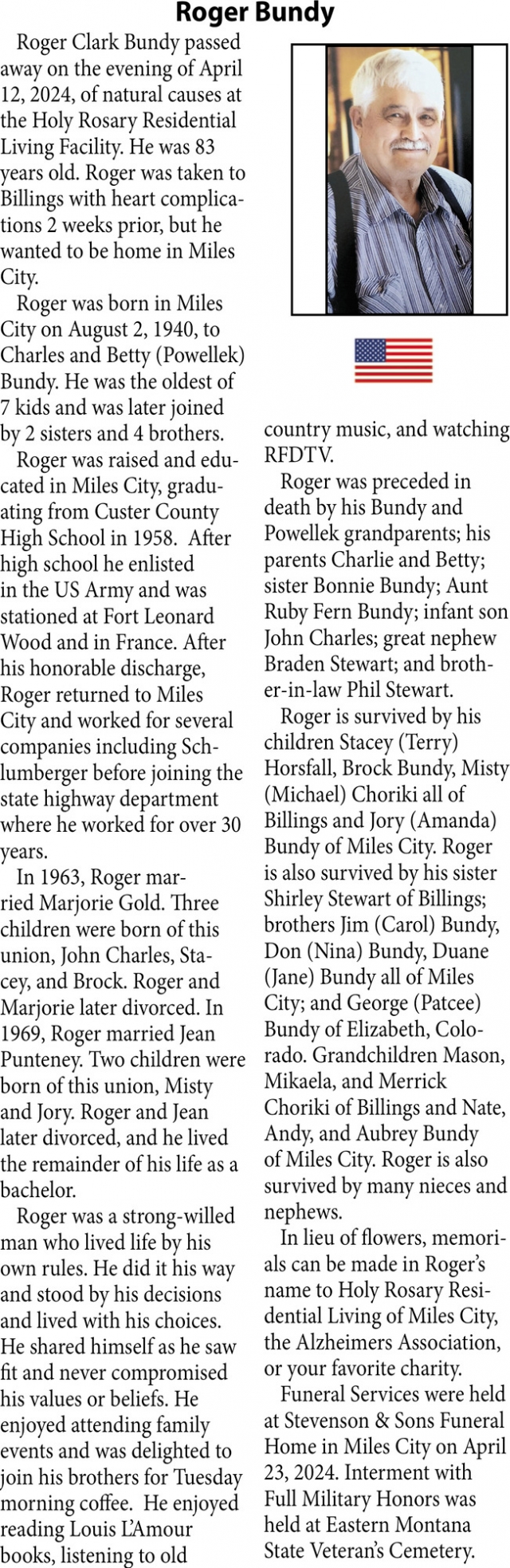 Roger Bundy, Obituaries, Glendive, MT