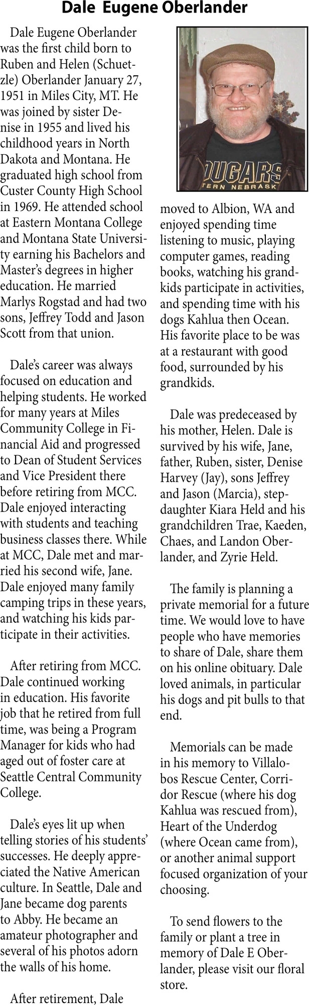Dale Eugene Oberlander, Obituaries, Glendive, MT