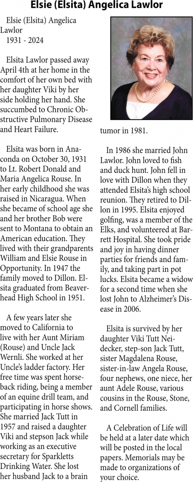 Elsie (Elsita) Angelica Lawlor, Obituaries, Glendive, MT