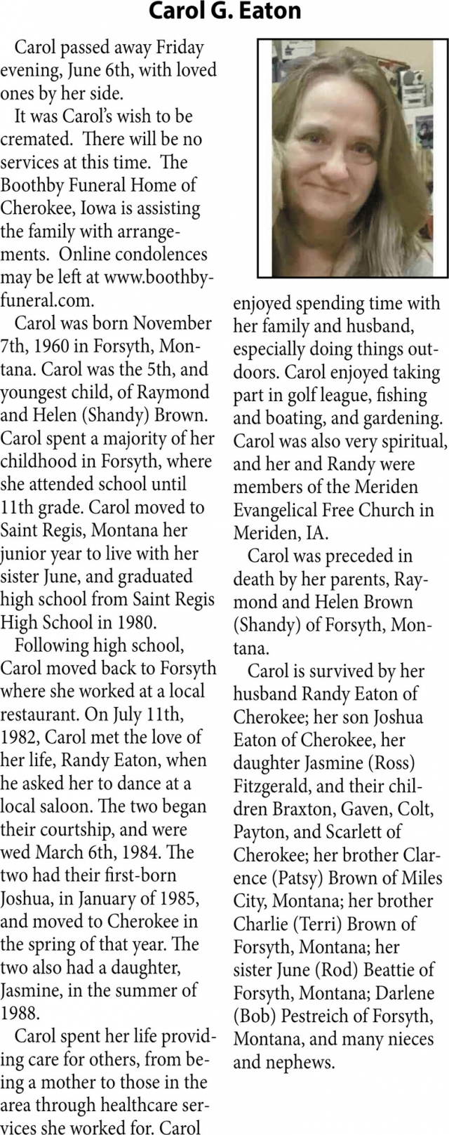 Carol G. Eaton, Obituaries, Glendive, MT