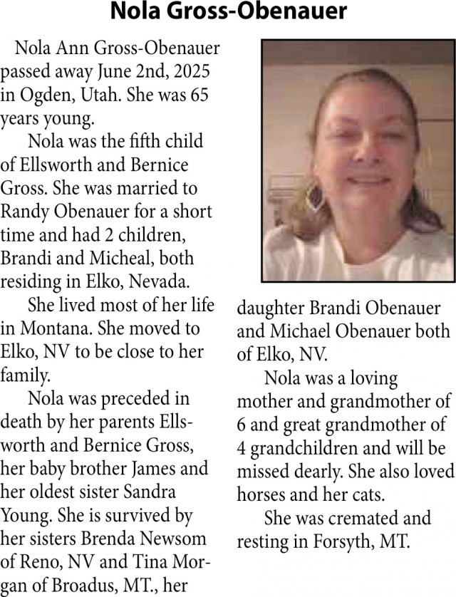 Nola Gross-Obenauer, Obituaries, Glendive, MT