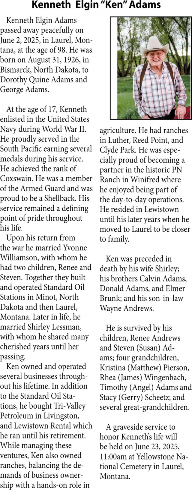 kenneth Elgin Adams, Obituaries, Glendive, MT