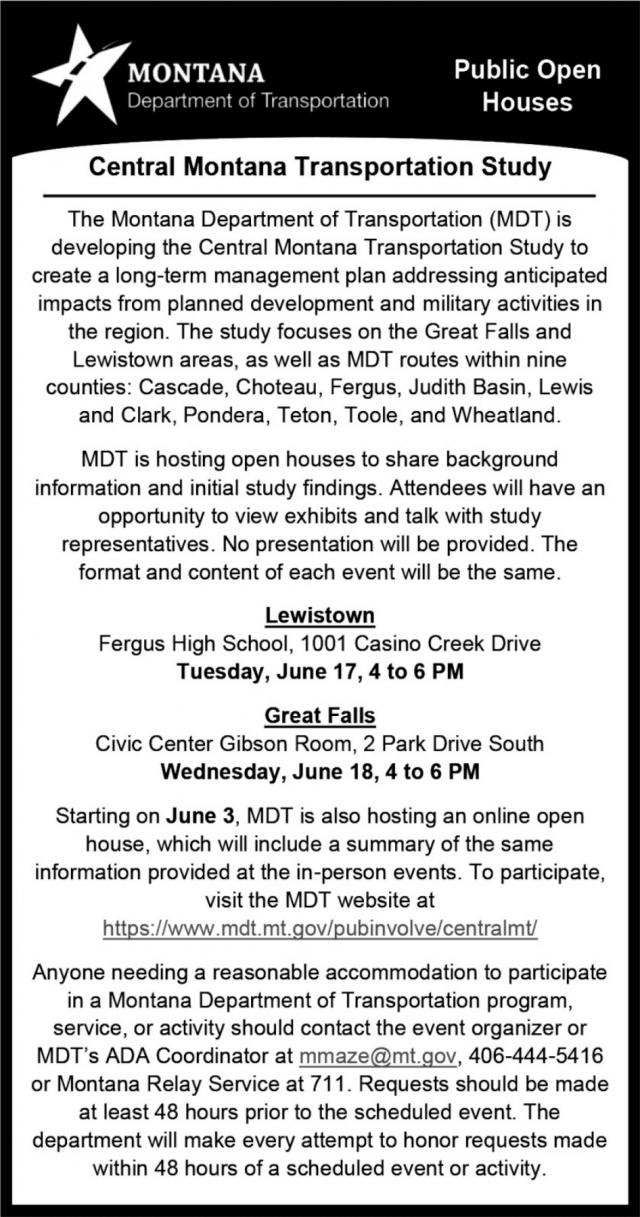 Public Open House, Montana Department of Transportation, Helena, MT