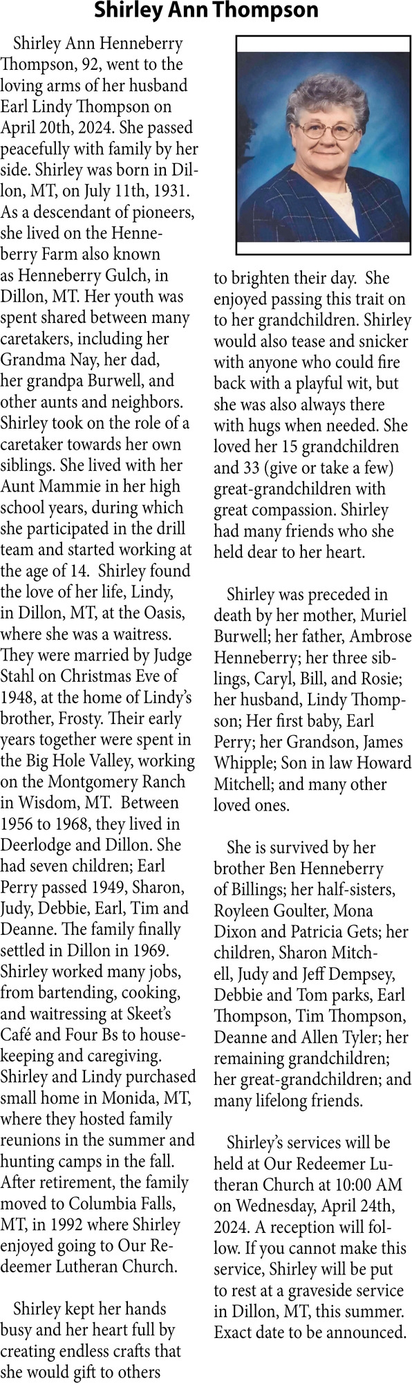 Shirley Ann Thumpson, Obituaries, Glendive, MT