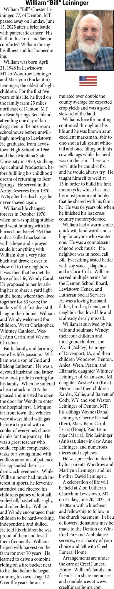William Leininger, Obituaries, Glendive, MT