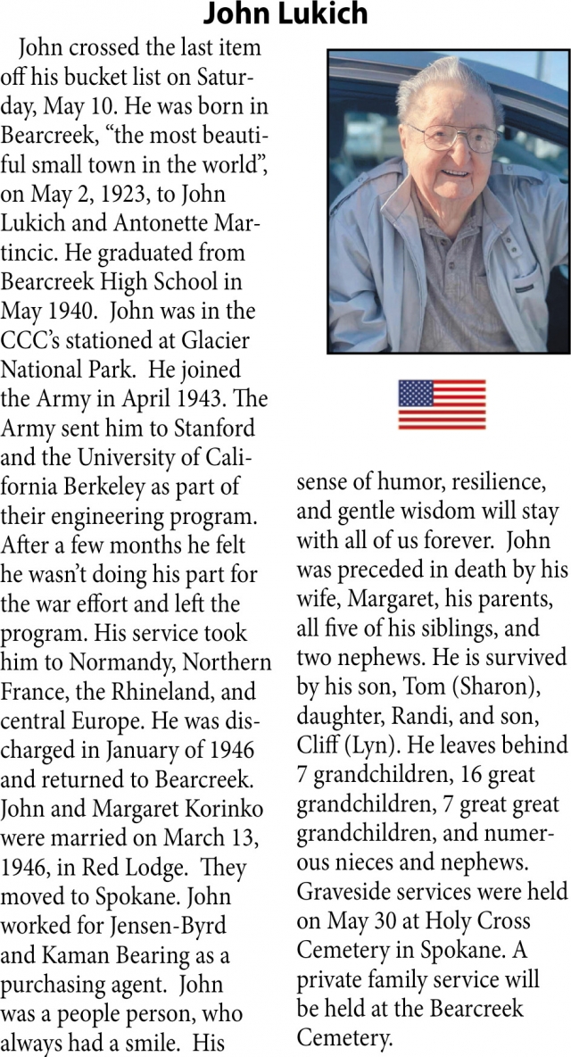 John Lukich, Obituaries, Glendive, MT