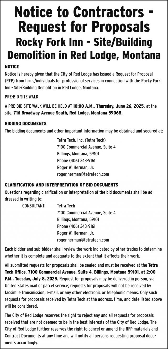 Notice to Contractors, City of Red Lodge, Red Lodge, MT