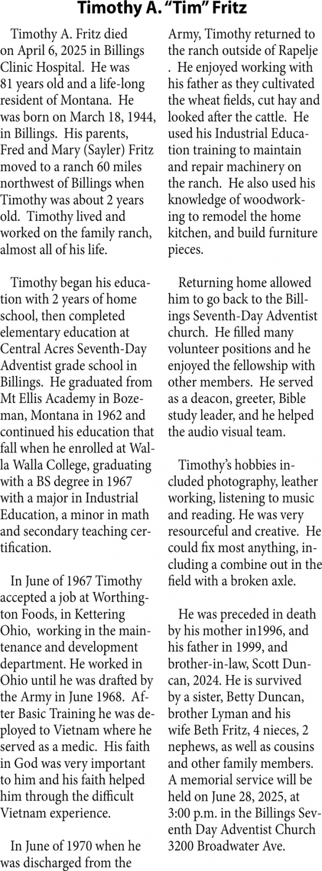 Timothy A. Fritz, Obituaries, Glendive, MT