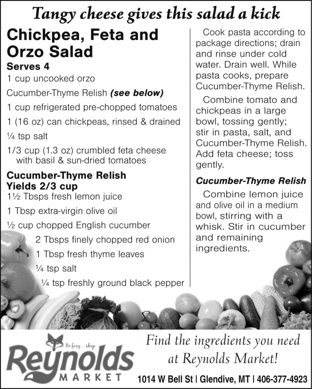Chickpea, Feta and Orzo Salad, Reynolds Market, Sidney, MT