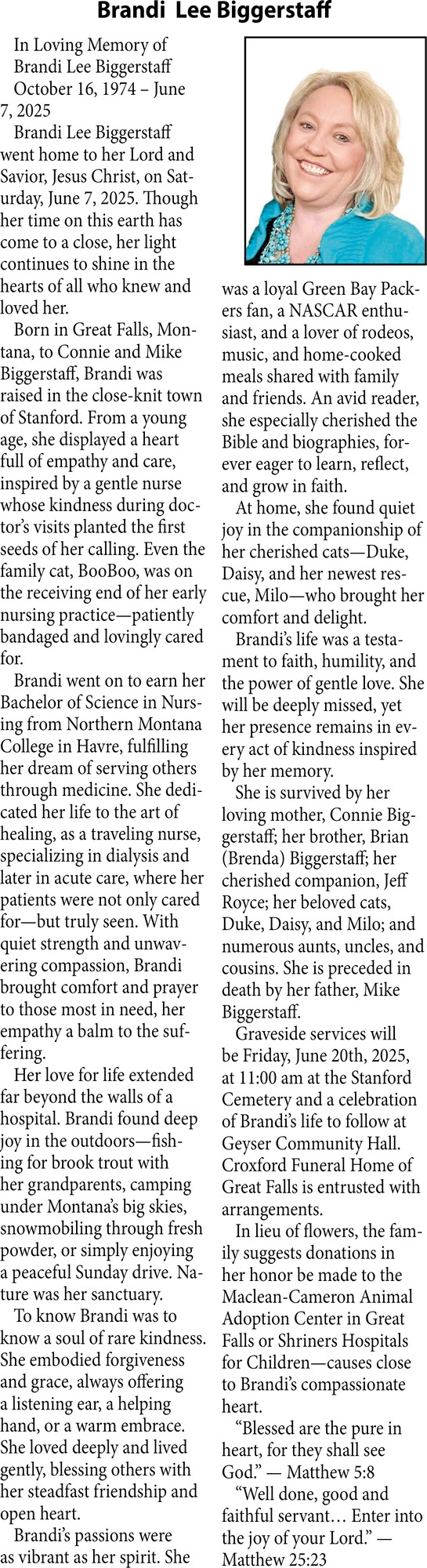 Brandi Lee Biggerstaff, Obituaries, Glendive, MT