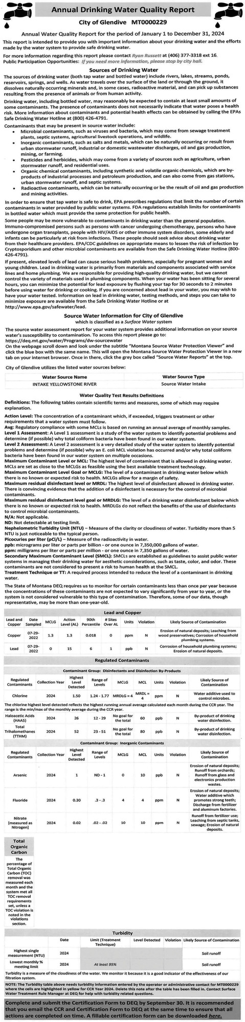 Annual Drinking Water Quality Report, City of Glendive, Glendive, MT