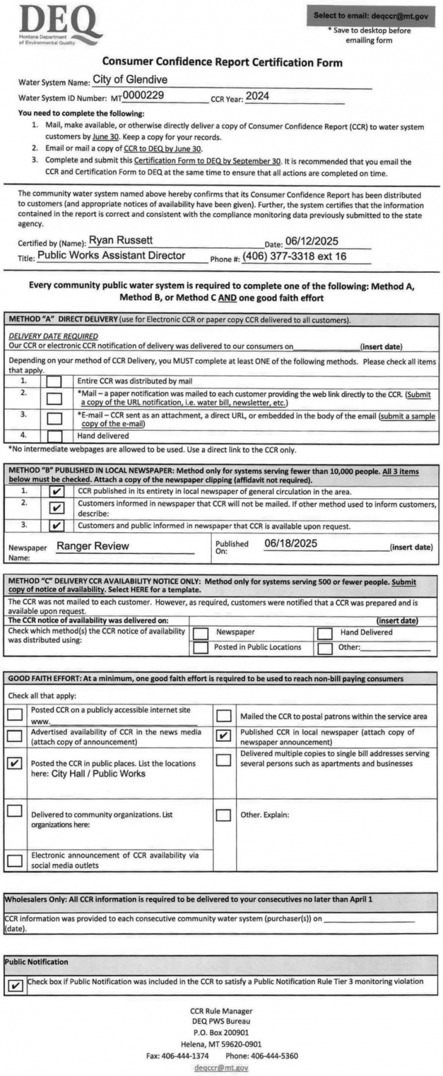 Consumer Confidence Report Certification Form, City of Glendive, Glendive, MT