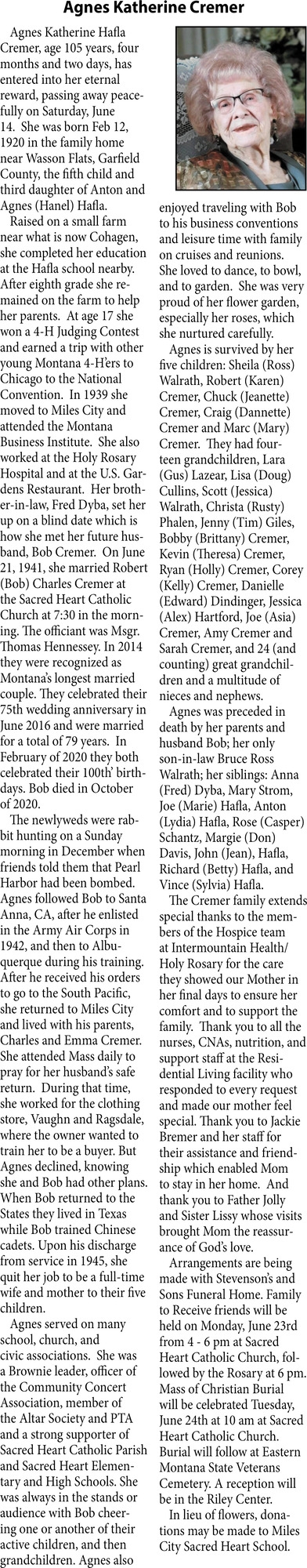 Agnes Katherine Cremer, Obituaries, Glendive, MT
