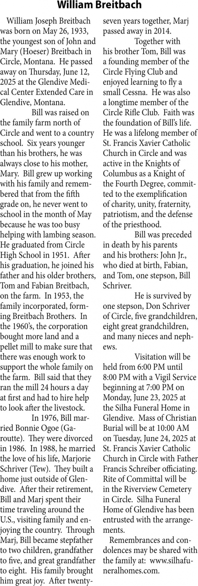 William Breitbach, Obituaries, Glendive, MT