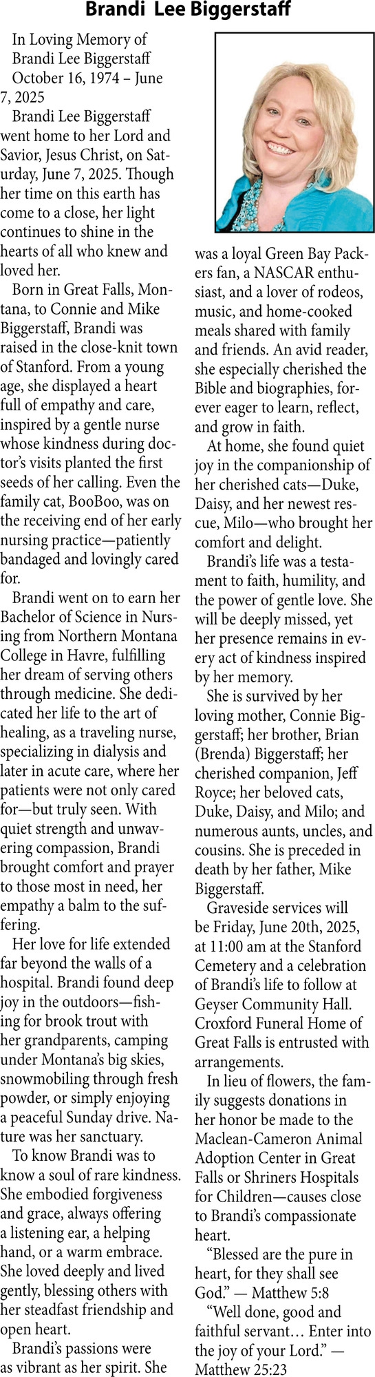 Brandi Lee Biggerstaff, Obituaries, Glendive, MT