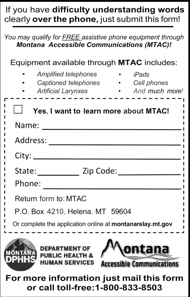 If You Have Difficulty Understanding Words Clearly Over the Phone, Just Submit This Form!, Montana Department of Public Health & Human Services, Helena, MT