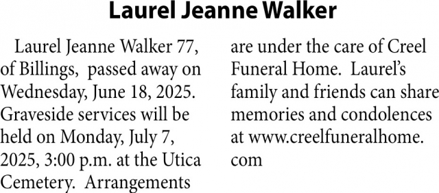 Laurel Jeanne Walker, Obituaries, Glendive, MT