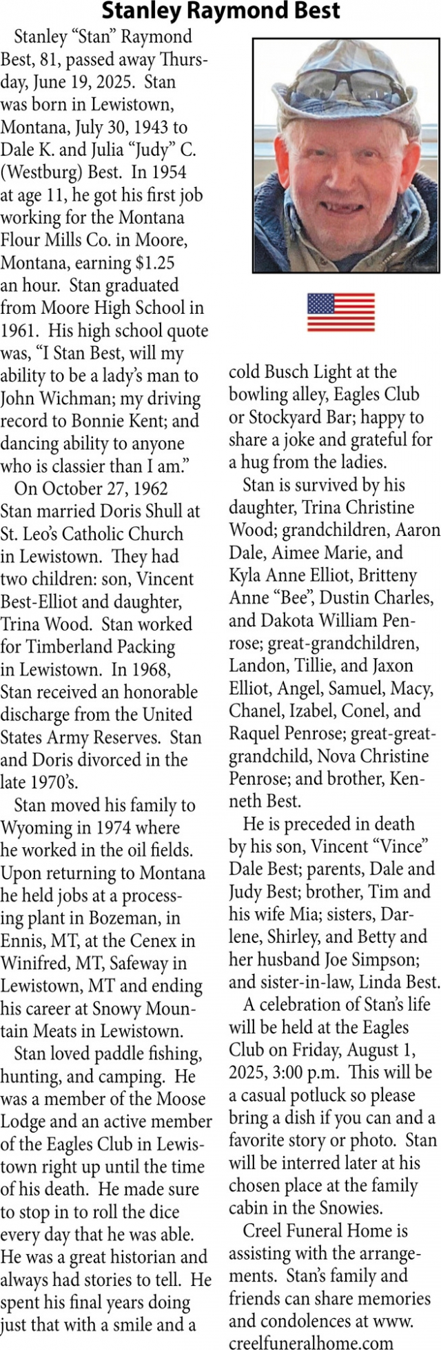 Stanley Raymont Best, Obituaries, Glendive, MT