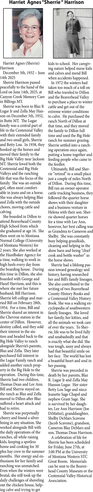 Harriet Agnes Harrison, Obituaries, Glendive, MT