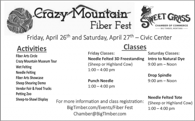 Activities, Sweet Grass Chamber of Commerce - Crazy Mountain Fiber Fest (April 26 & 27, 2024)