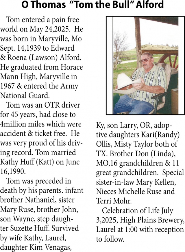 O Thomas Alford, Obituaries, Glendive, MT