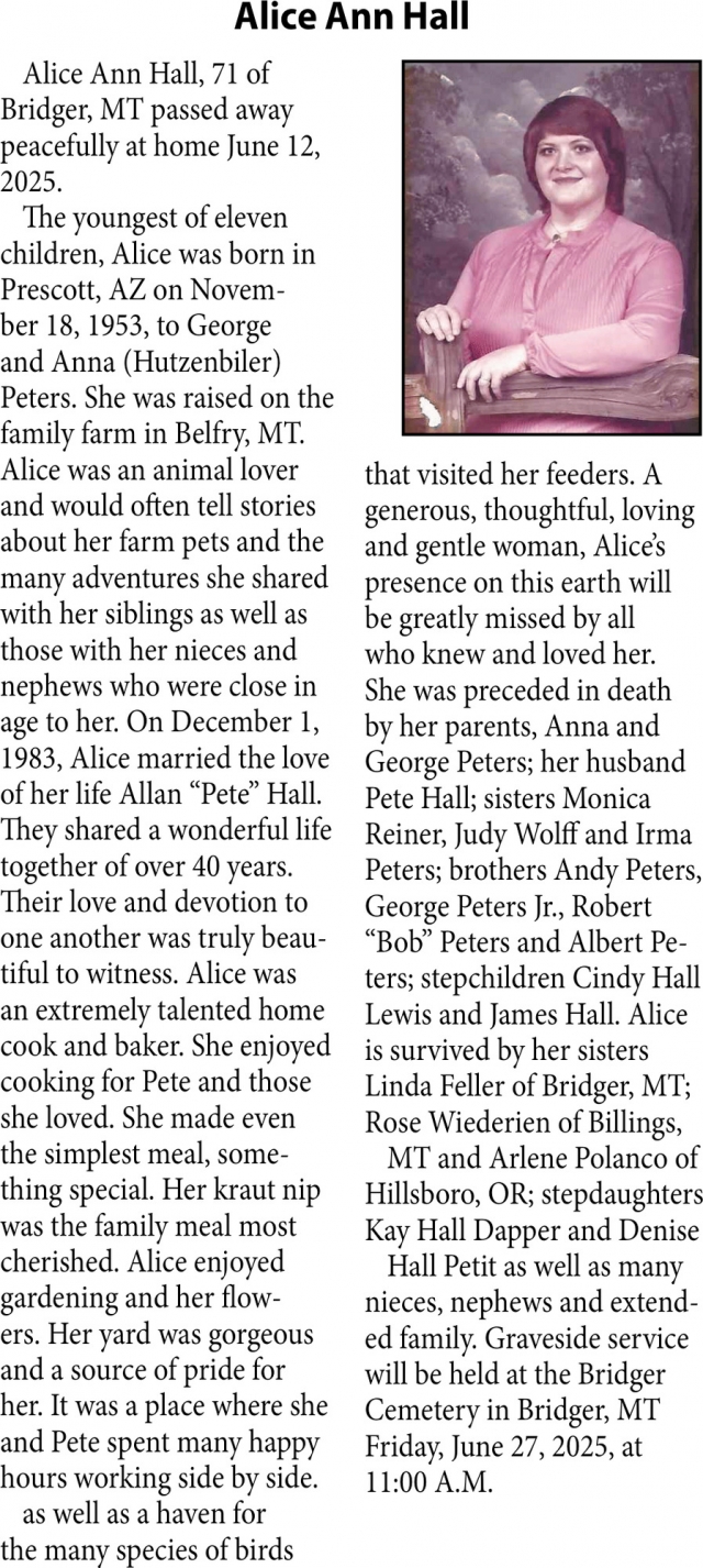 Alice Ann Hall, Obituaries, Glendive, MT
