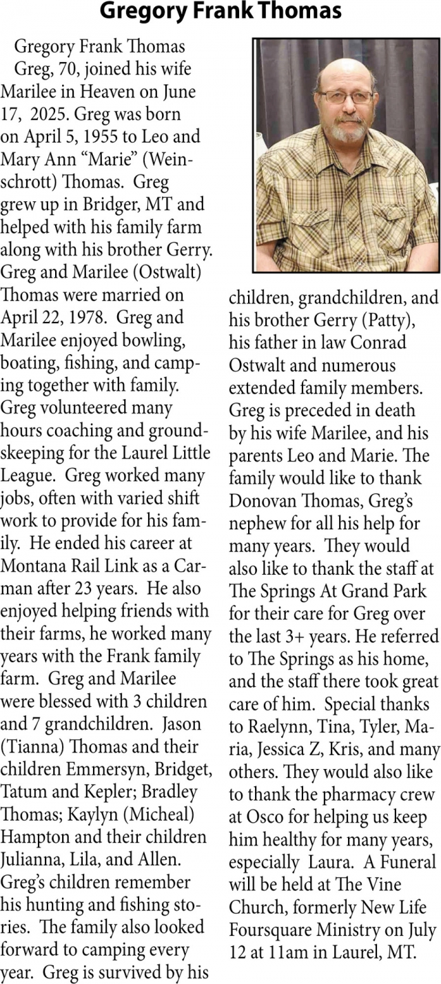 Gregory Frank Thomas, Obituaries, Glendive, MT