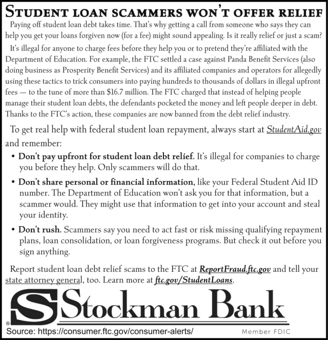 Studnet Loan Scammers Won't Offer Relief, Stockman Bank
