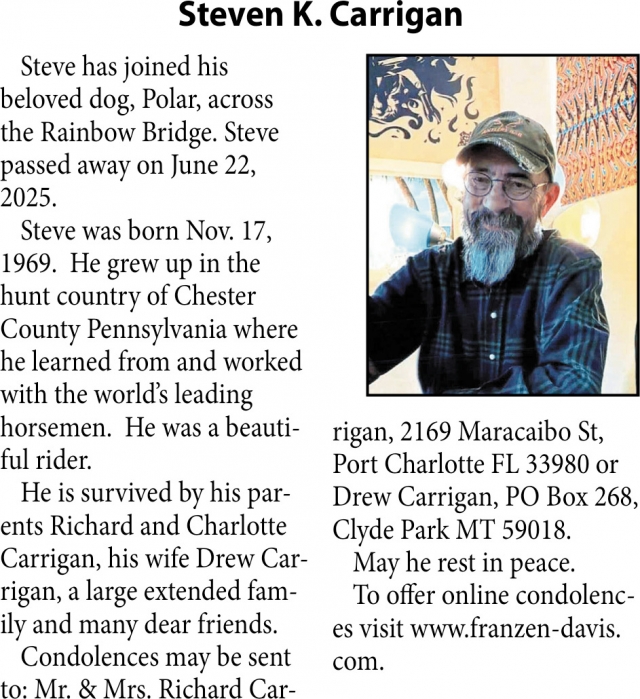 Steven K. Carrigan, Obituaries, Glendive, MT