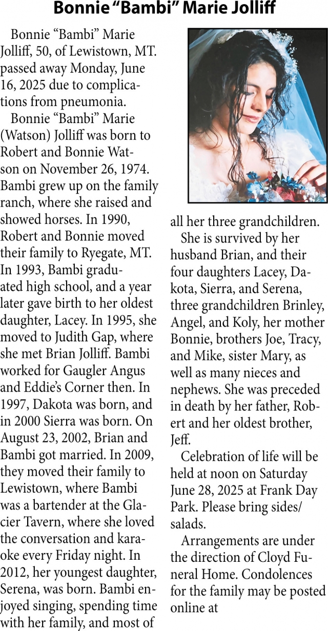 Bonnie Marie Joliff, Obituaries, Glendive, MT