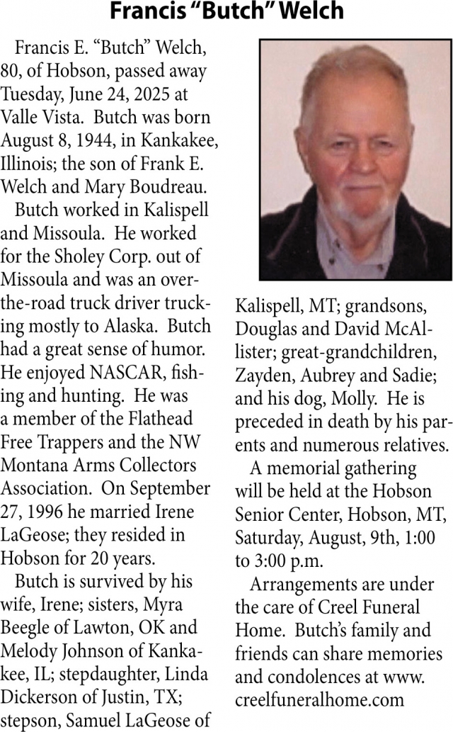 Francis Welch, Obituaries, Glendive, MT