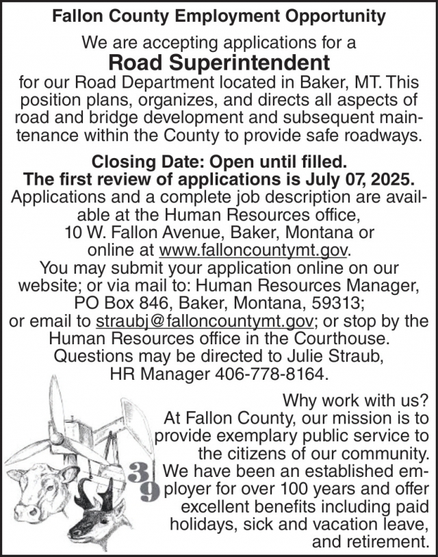 Road Superintendent, Fallon County, Baker, MT