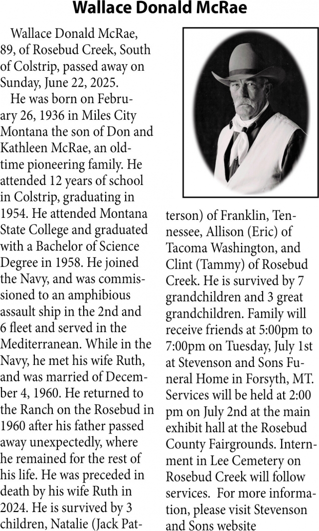 Wallace Donald McRae, Obituaries, Glendive, MT