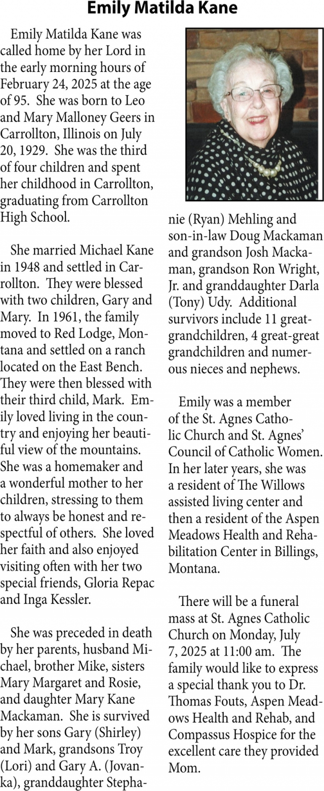 Emily Matilda Kane, Obituaries, Glendive, MT