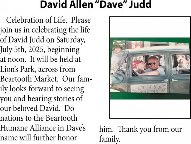 David Allen Judd, Obituaries, Glendive, MT