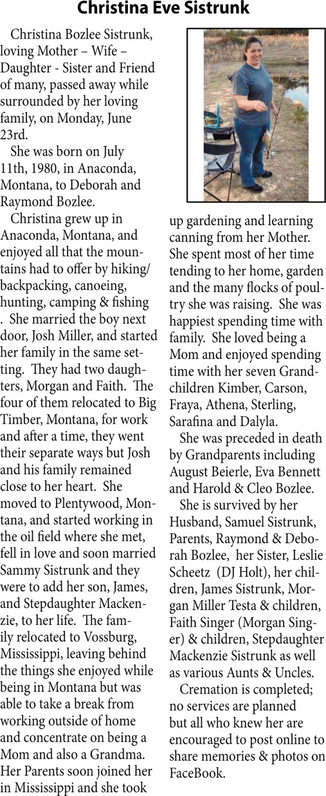Christina Eve Sistrunk, Obituaries, Glendive, MT