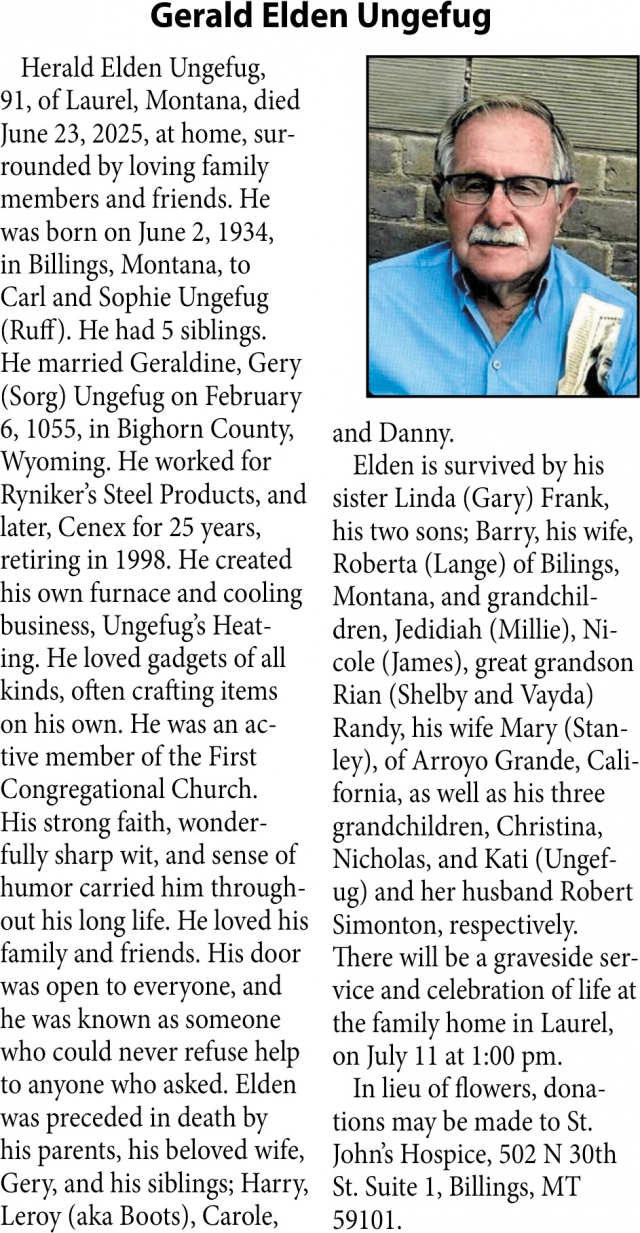 Gerald Elden Ungefug, Obituaries, Glendive, MT