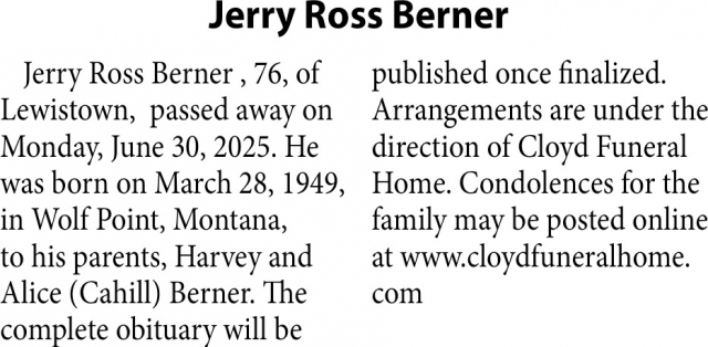 Jerry Ross Berner, Obituaries, Glendive, MT