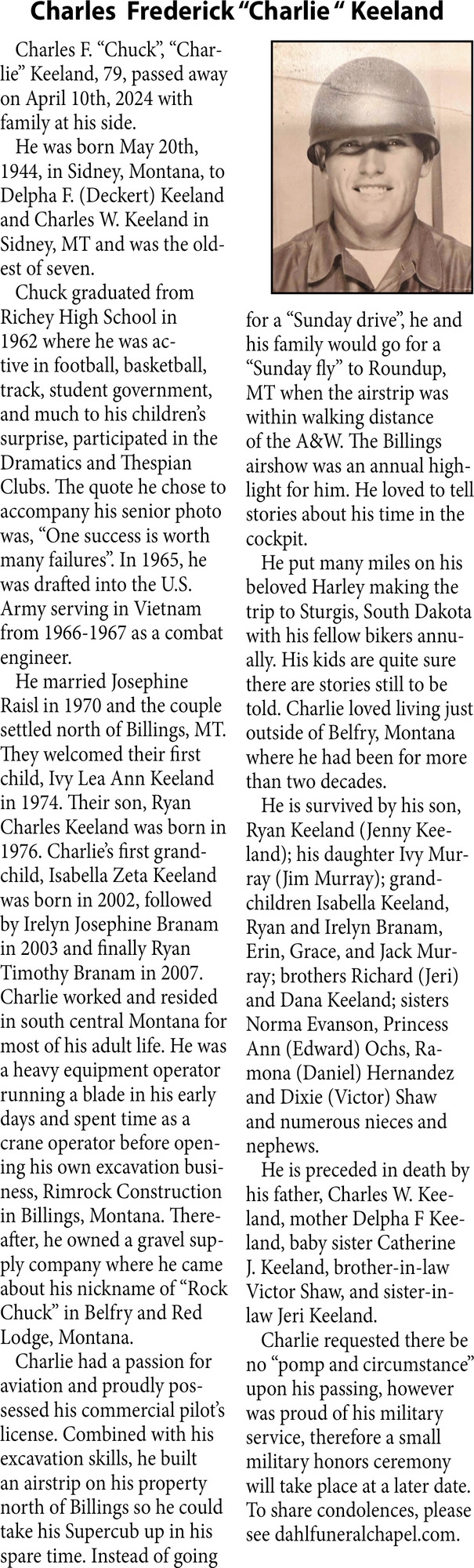 Charles Frederick "Charlie" Keeland, Obituaries, Glendive, MT
