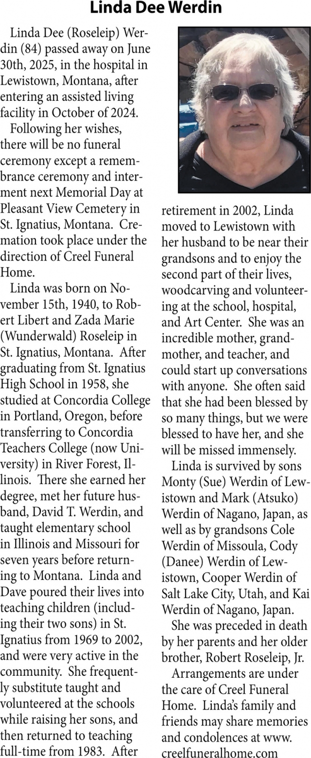 Linda Dee Werdin, Obituaries, Glendive, MT
