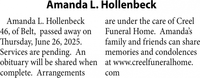 Amanda L. Hollenbeck, Obituaries, Glendive, MT