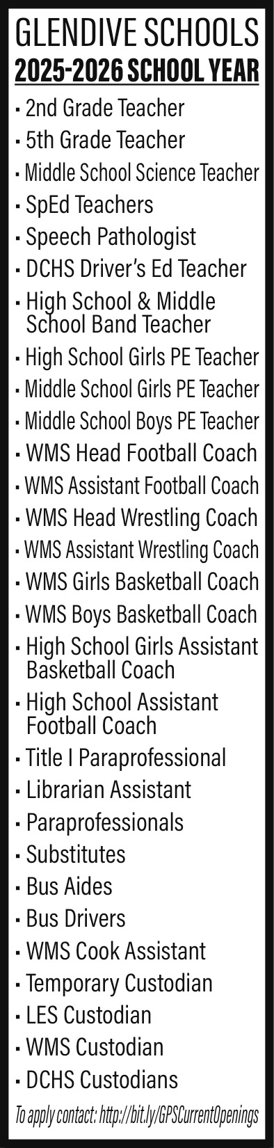 2025-2026 School Year, Glendive Public Schools, Glendive, MT